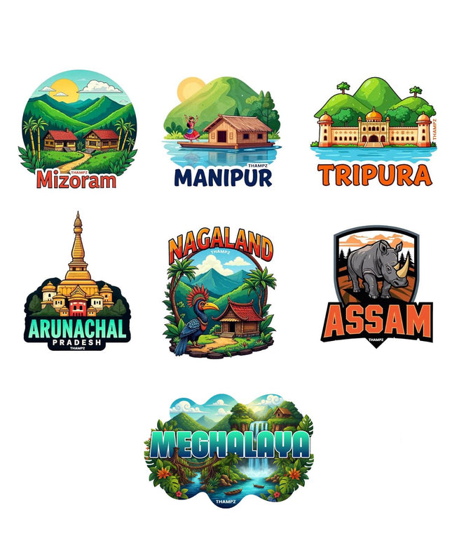 North East India States Premium Matte Vinyl Stickers Combo (Set of 7) Die Cut Seven Sisters Collection