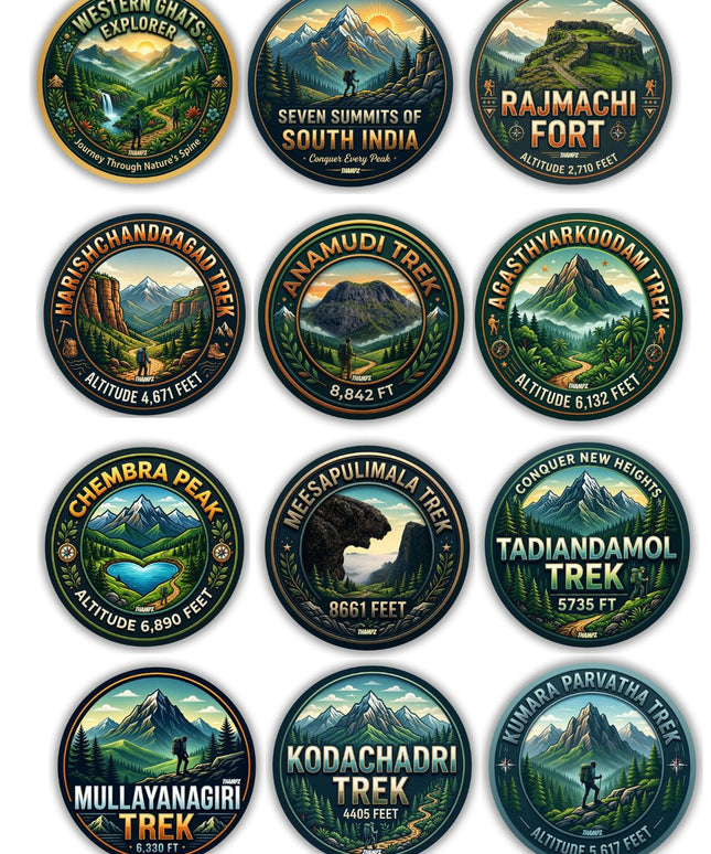 Great Western Ghats Trek Collection Metal Pin Badges (Set of 12) – Mountain Adventure Souvenir Set
