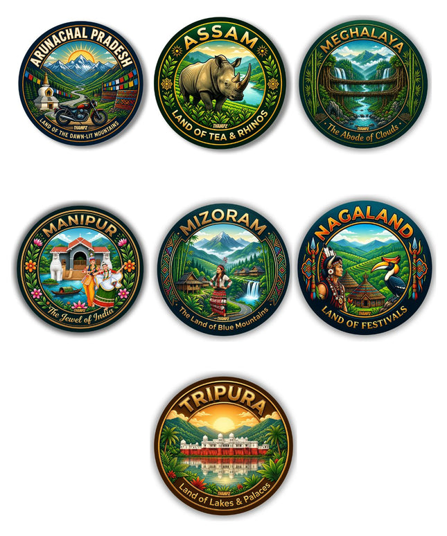 Northeast Indian States Metal Pin Badges (Set of 7) – Northeast India Travel Souvenir Collection