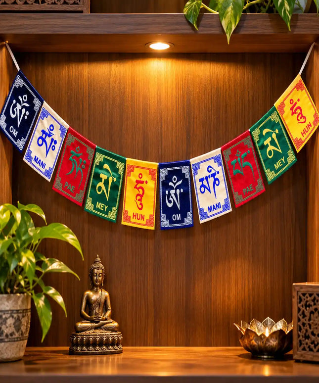 Velvet Embroidered Om Mani Padme Hum Tibetan Prayer Flags