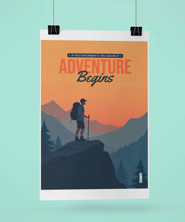 Adventure Begins Motivational Travel Poster
