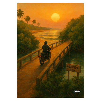 Agonda Sunset Ride – Golden Hour Coastal Bridge Poster