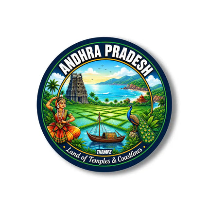 Andhra Pradesh Heritage Pin Badge – Temple, Peacock & Coastal Travel Souvenir