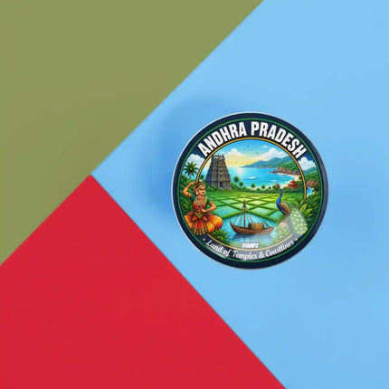 Andhra Pradesh Heritage Pin Badge – Temple, Peacock & Coastal Travel Souvenir
