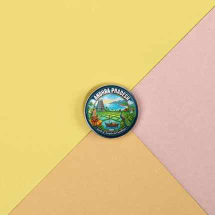 Andhra Pradesh Heritage Pin Badge – Temple, Peacock & Coastal Travel Souvenir