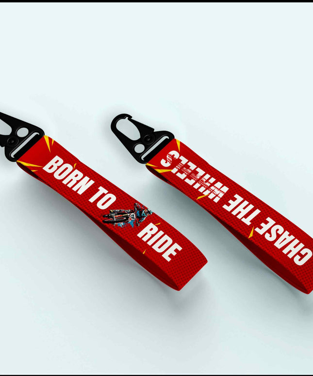 Born to Ride - Chase the Wheels Dual-Side Red Fabric Keyring