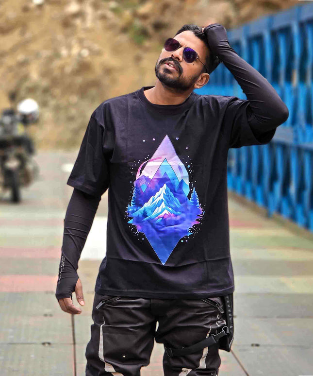 Cosmic Mountain Adventure Oversized Black T Shirt