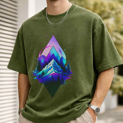 Cosmic Mountain Oversized Unisex Olive Acid Wash T Shirt