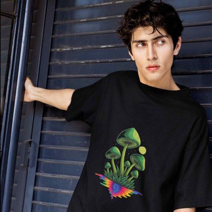 Green Psychedelic Mushroom Oversized Black T Shirt
