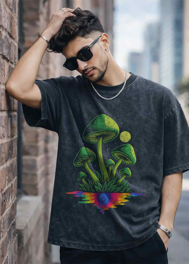 Green Psychedelic Mushroom Oversized Unisex Acid Wash T-Shirt