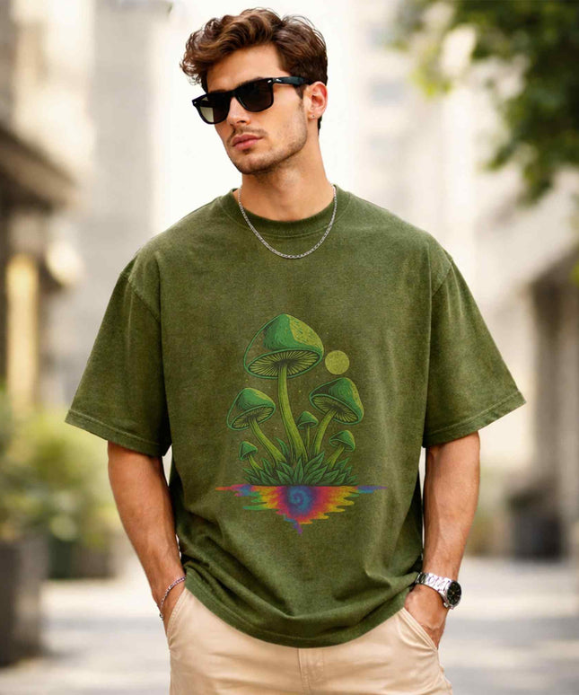 Green Psychedelic Mushroom Oversized Unisex Acid Wash T Shirt