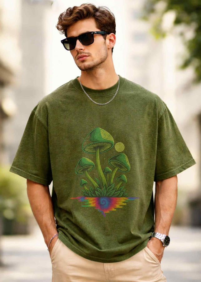 Green Psychedelic Mushroom Oversized Unisex Acid Wash T Shirt