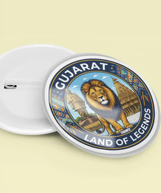 Gujarat Gir Lion & Statue of Unity Pin Badge – Cultural Travel Souvenir