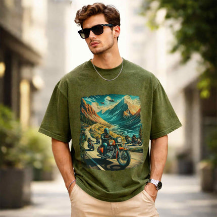 Himalayan Riders Oversized Unisex Olive Acid Wash T Shirt