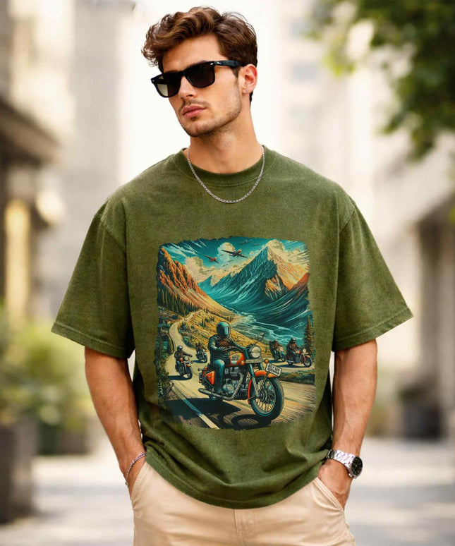 Himalayan Riders Oversized Unisex Olive Acid Wash T Shirt