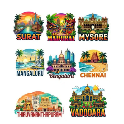 India's Southern Cityscape 3D Embossed Flexible Fridge Magnets (Set of 8) – South India Travel Souvenir Set