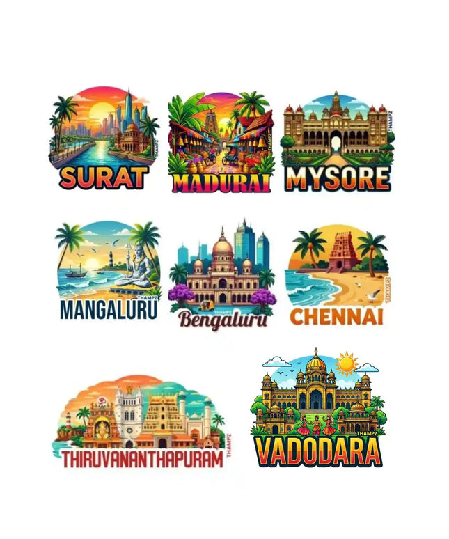 India's Southern Cityscape 3D Embossed Flexible Fridge Magnets (Set of 8) – South India Travel Souvenir Set