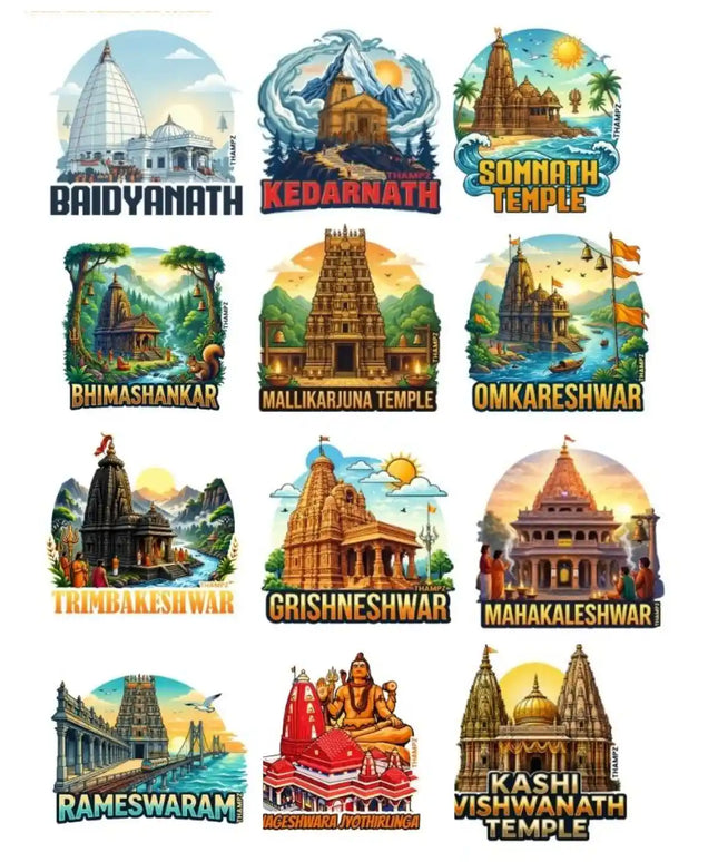 Jyotirlinga Darshan Collection 3D Embossed Flexible Fridge Magnets (Set of 12) – Sacred Temple Travel Souvenir Set