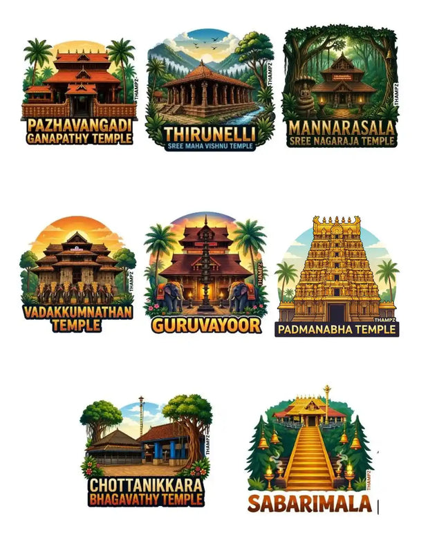 Kerala's Divine Heritage 3D Embossed Flexible Fridge Magnets (Set of 8) – Kerala Temple Travel Souvenir Set