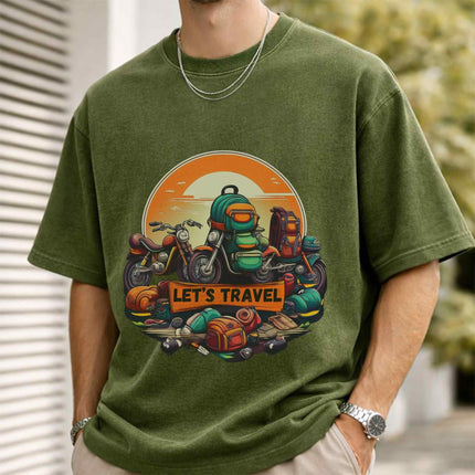 Lets Travel Oversized Unisex Olive Acid Wash T Shirt