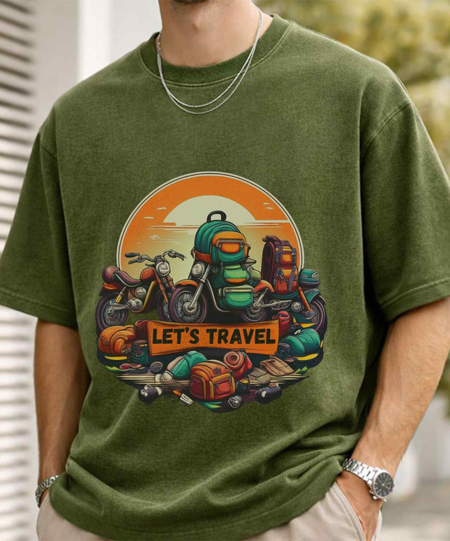 Lets Travel Oversized Unisex Olive Acid Wash T Shirt