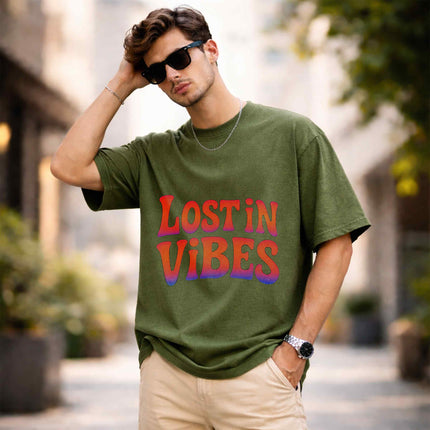 Lost In Vibes Oversized Unisex Olive Acid Wash T Shirt