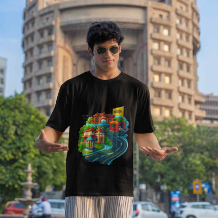 Malappuram Heritage Travel Route Edition Black Oversized T Shirt