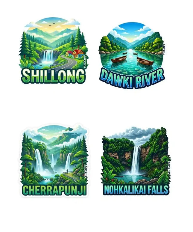 Meghalaya Monsoon Trails 3D Embossed Flexible Fridge Magnets (Set of 4) – Northeast India Nature Travel Souvenir Set
