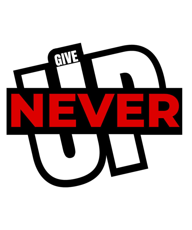 Never Give Up Motivational Sticker – Bold Red & White Typography