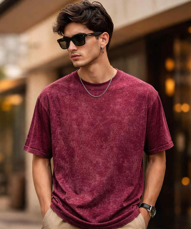 Plain Oversized Maroon Acid Wash T Shirt