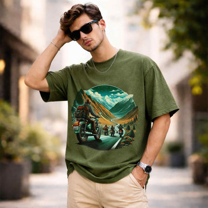Ride Beyond Borders Oversized Unisex Olive Acid Wash T Shirt