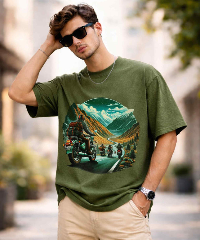 Ride Beyond Borders Oversized Unisex Olive Acid Wash T Shirt