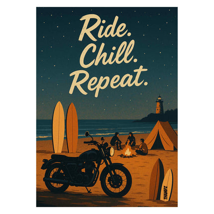 Ride. Chill. Repeat. – Goa Beach Campfire Rider Poster
