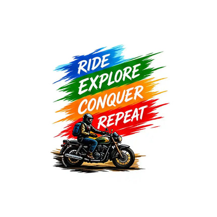 Ride Explore Conquer Repeat   Biker Adventure Glossy Vinyl Sticker