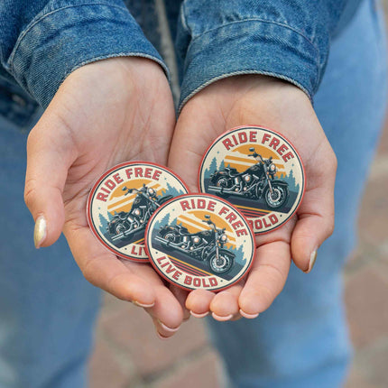 Ride Free Live Bold – Classic Motorcycle Round Pin Badge