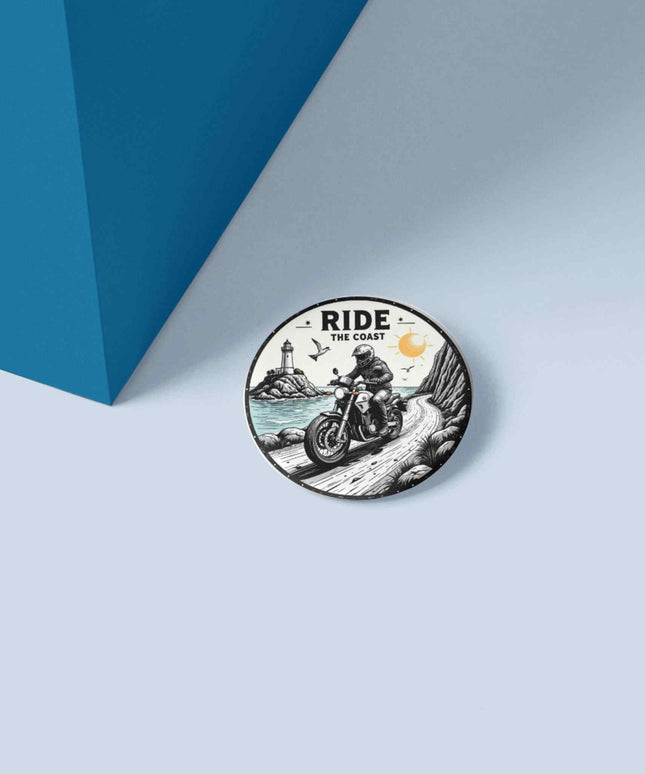 Ride the Coast – Motorcycle Adventure Round Pin Badge