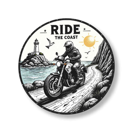 Ride the Coast – Motorcycle Adventure Round Pin Badge