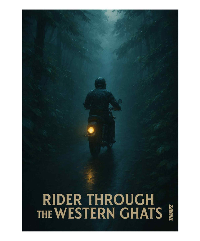 Rider Through The Western Ghats Poster Monsoon Ride Adventure