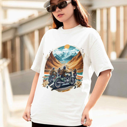 Riders In The Roads Of Ladakh Unisex White Oversized T Shirt