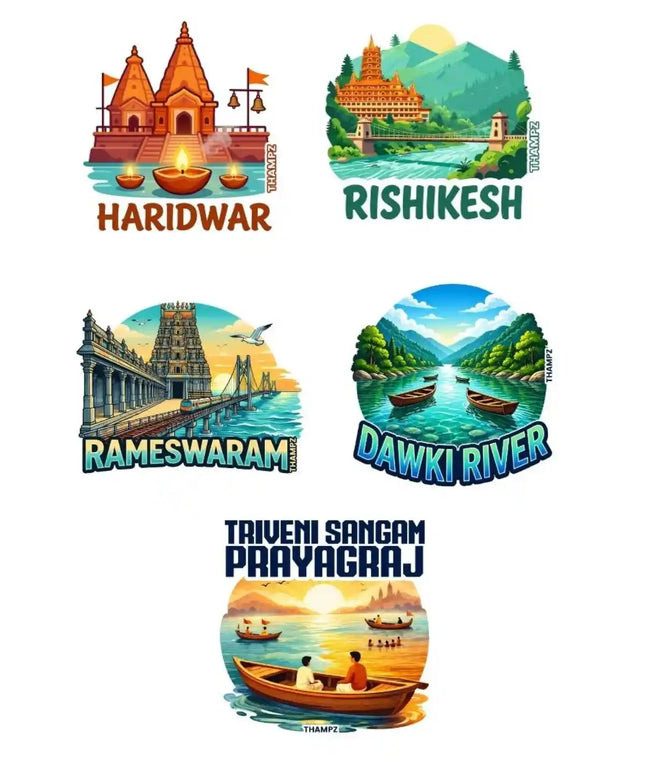 Sacred Waters of India 3D Embossed Flexible Fridge Magnets (Set of 5) – Spiritual Travel Souvenir Set