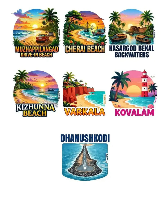 Southern Shoreline Adventures 3D Embossed Flexible Fridge Magnets (Set of 8) – South India Coastal Travel Souvenir Set