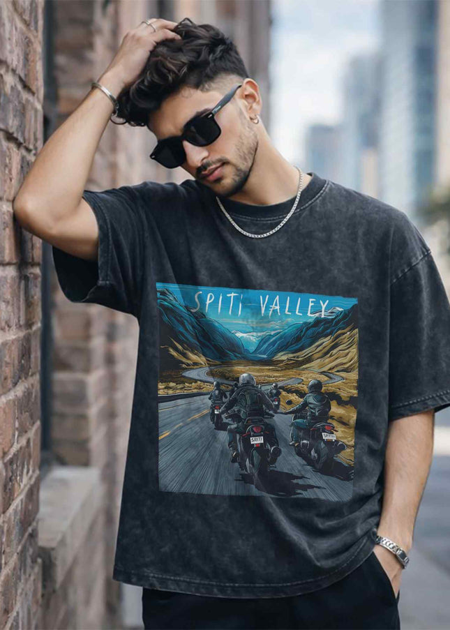 Spiti Valley Ride Oversized Unisex Acid Wash T-Shirt