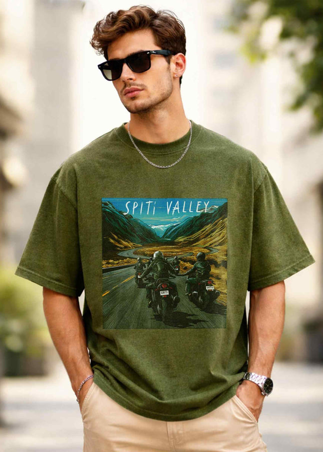 Spiti Valley Ride Oversized Unisex Olive Acid Wash T Shirt