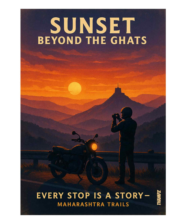 Sunset Beyond the Ghats Poster – Maharashtra Trails Motorcycle Wall Art