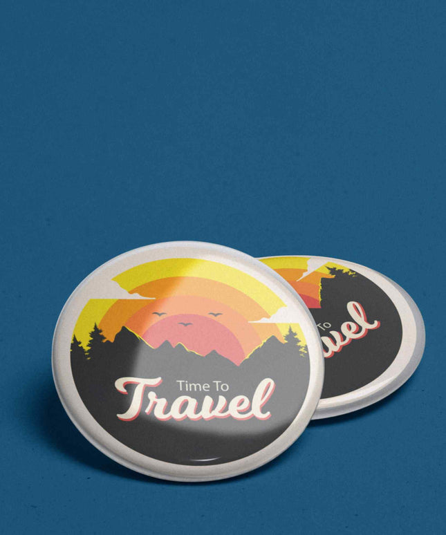 Time to Travel – Sunset Adventure Round Pin Badge