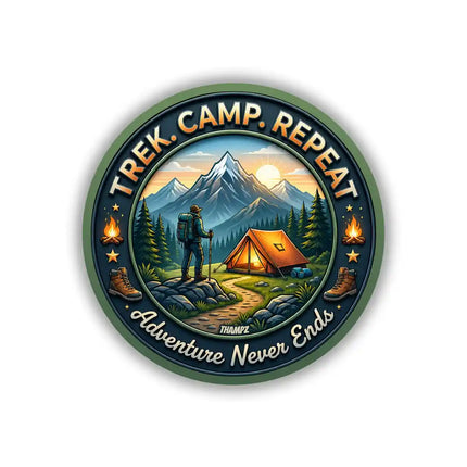 Trek Camp Repeat Mountain Camping Pin Badge – Adventure Travel Souvenir