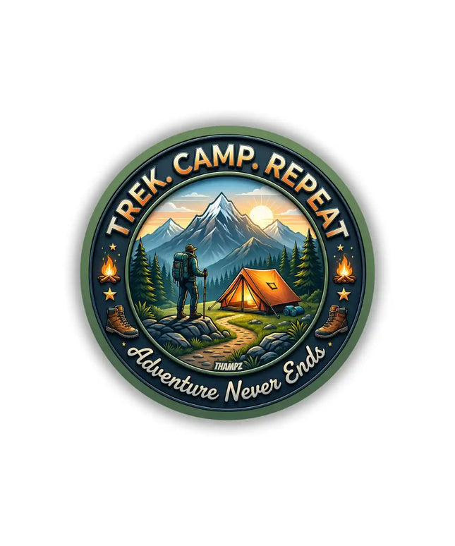 Trek Camp Repeat Mountain Camping Pin Badge – Adventure Travel Souvenir