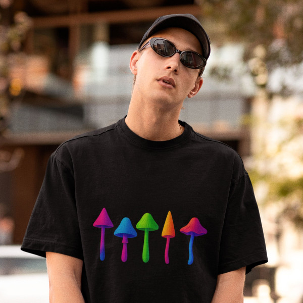 Rainbow Mushroom Oversized Black T-Shirt - XL