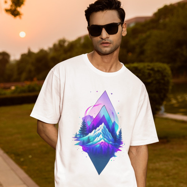 Cosmic Mountain-Adventure Oversized White T-Shirt - Medium